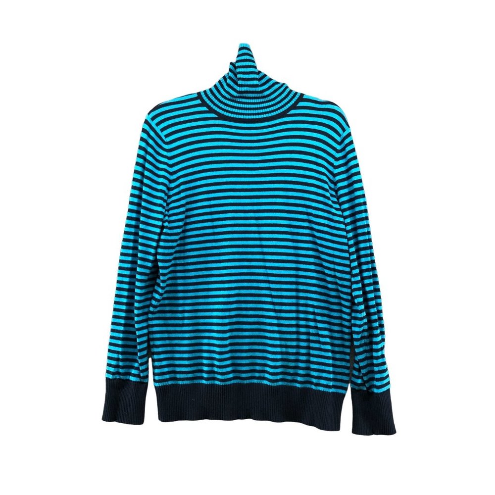 L.L. Bean Womens L Cotton Cashmere Turtleneck Sweater Blue Striped Knit Pullover